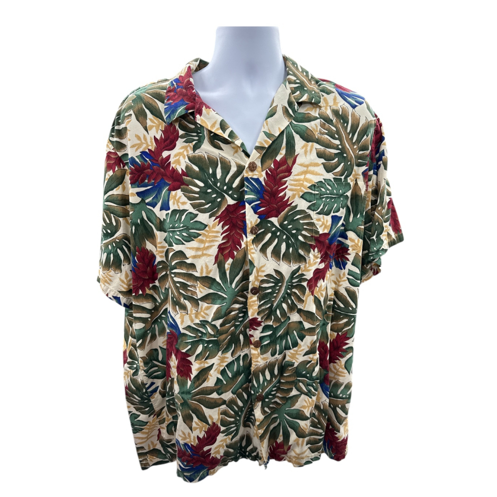 Hilo Hattie Hawaiian Shirt‎ Size 2XL Mens Tropical Leaf Rayon Cotton Aloha